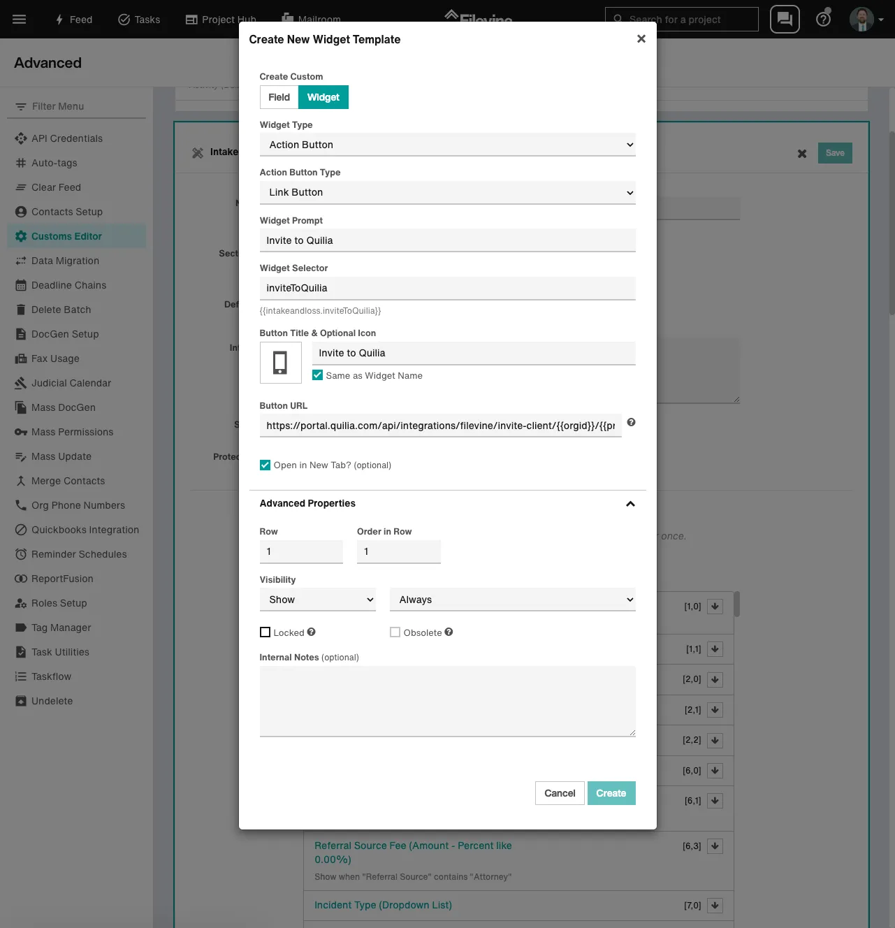 Configure the Invite to Quilia Action Button Widget Screenshot of the widget configuration screen in Filevine for adding an Invite to Quilia action button