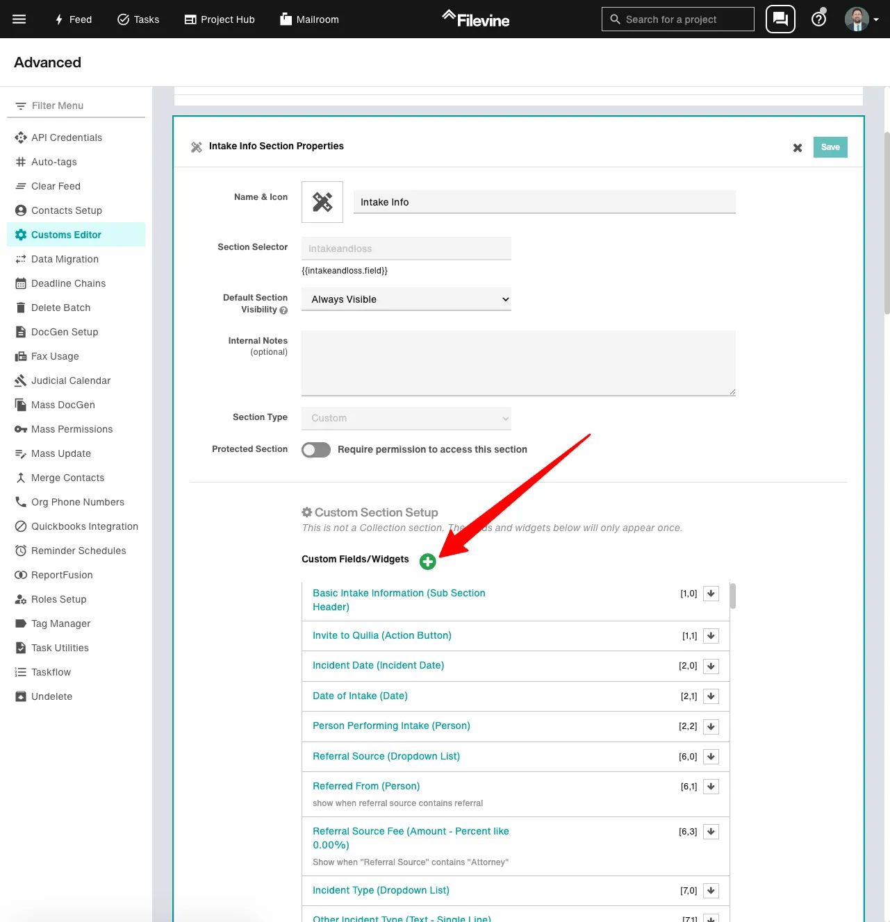 Add a Custom Widget to the Intake Info Section Screenshot of Filevine's Customs Editor highlighting the green plus button to add a new custom widget