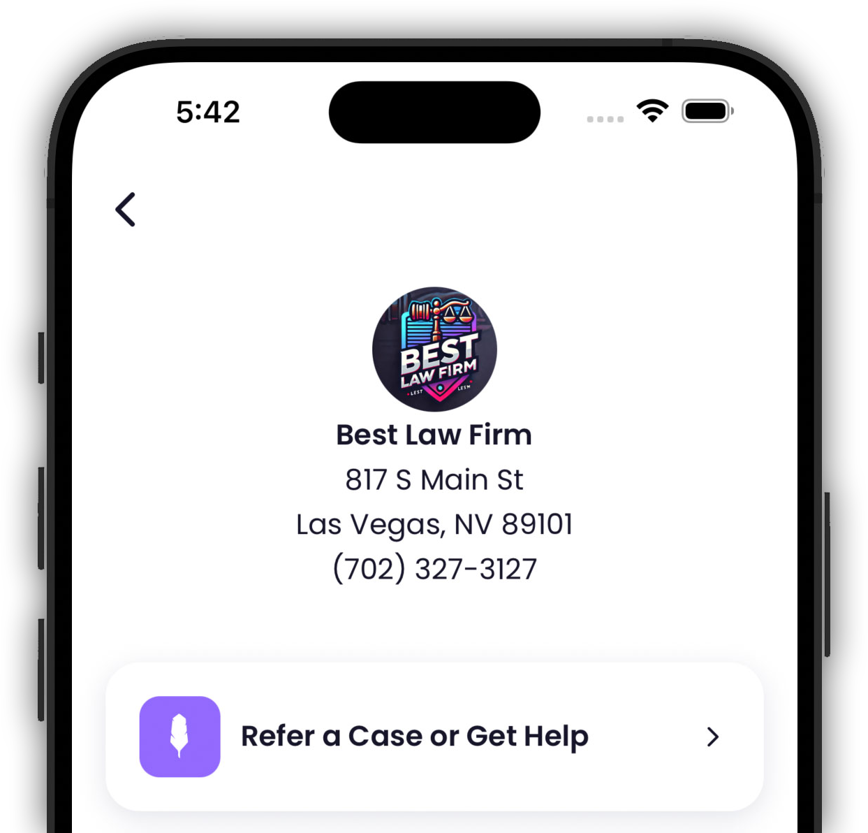 Mobile screen showing a law firm’s contact info and a “Refer a Case or Get Help” button in the Quilia client app