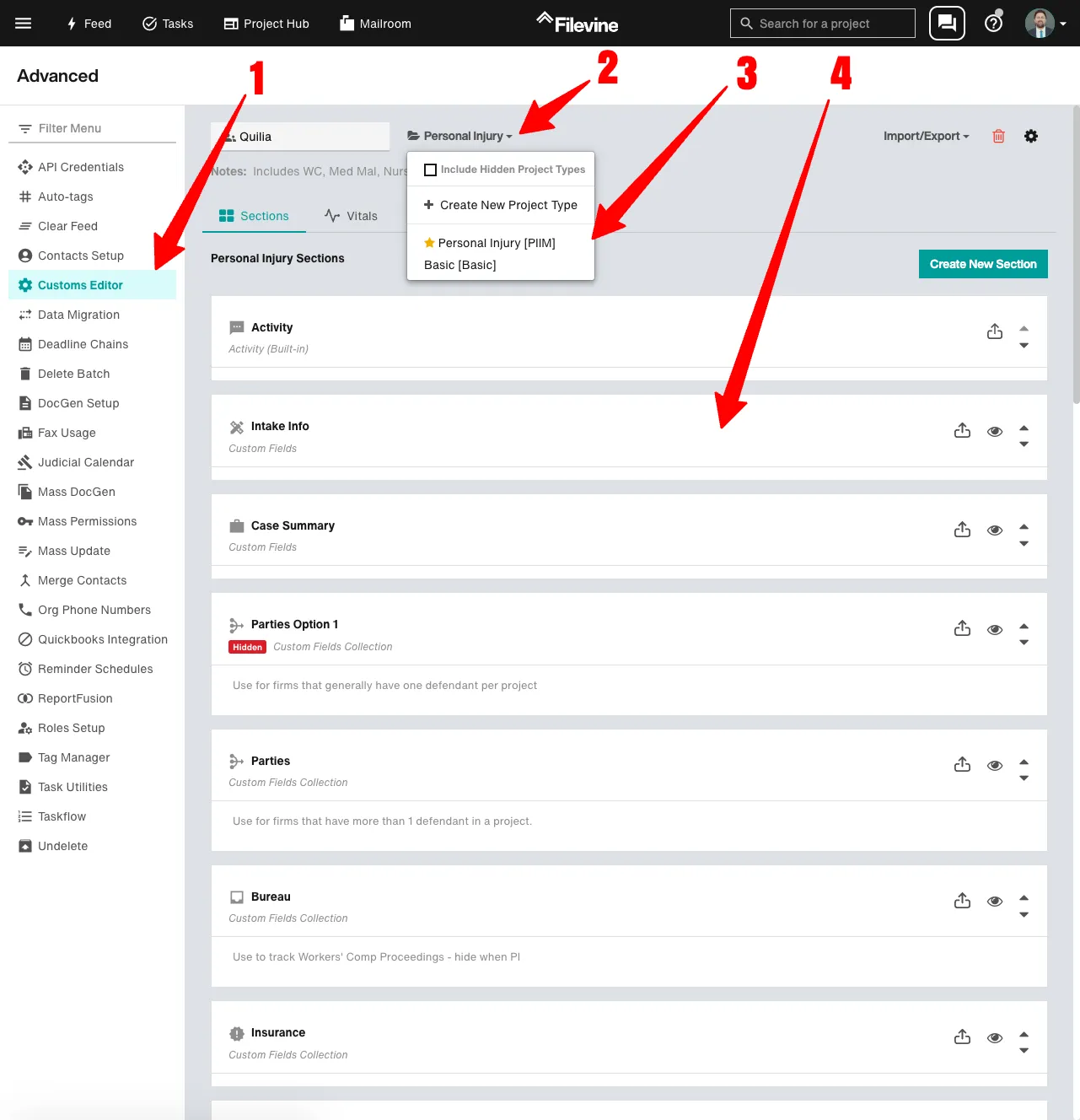 Open the Customs Editor in Filevine Screenshot showing how to open the Customs Editor and select a Project Type in Filevine
