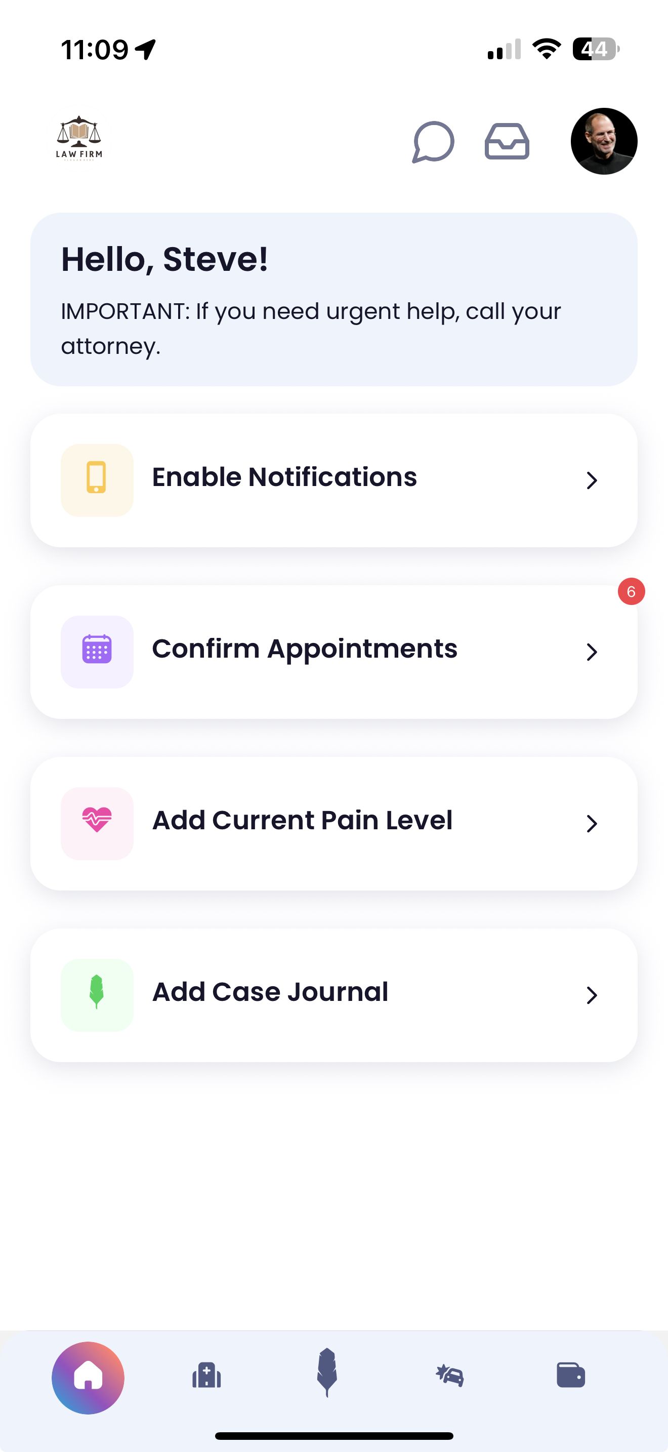 Quilia App Home Screen Screenshot of the Quilia mobile app home screen showing options to add an appointment, case journal, or update incident details
