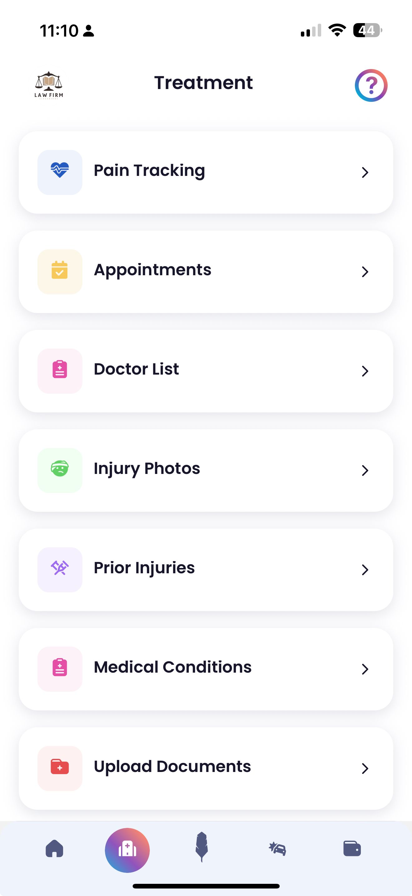 Screenshot of the Quilia app’s Treatment tab showing options to track pain, appointments, doctor list, injury photos, prior injuries, medical conditions, and upload documents Screenshot of the Quilia app’s Treatment tab showing options to track pain, appointments, doctor list, injury photos, prior injuries, medical conditions, and upload documents