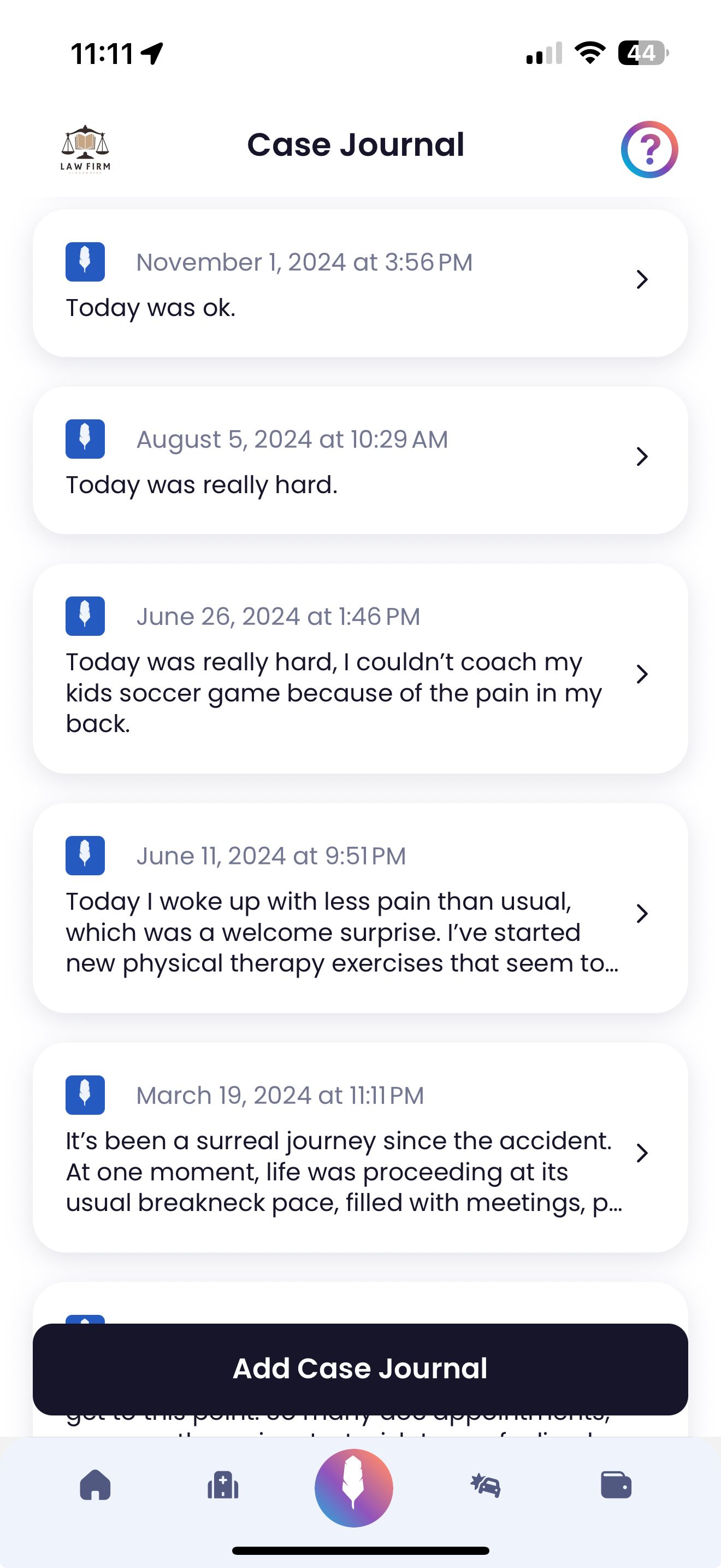 Quilia Case Journal Tab Screenshot of the Quilia app’s Case Journal tab where users can enter daily pain levels, lifestyle impacts, and notes about recovery progress