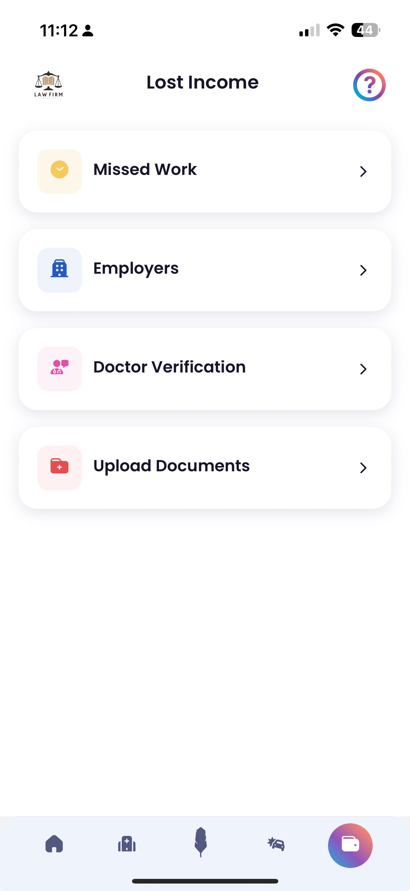 Quilia App Wage Loss Screen Screenshot of the Quilia app’s Lost Income screen where users log time off work, employer details, and upload wage loss documentation