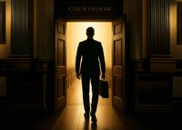 Confident solo attorney entering courtroom empowered by technology