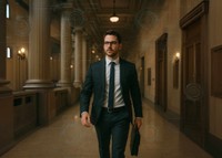 Solo personal injury attorney confidently walking into court, symbolizing empowerment through technology