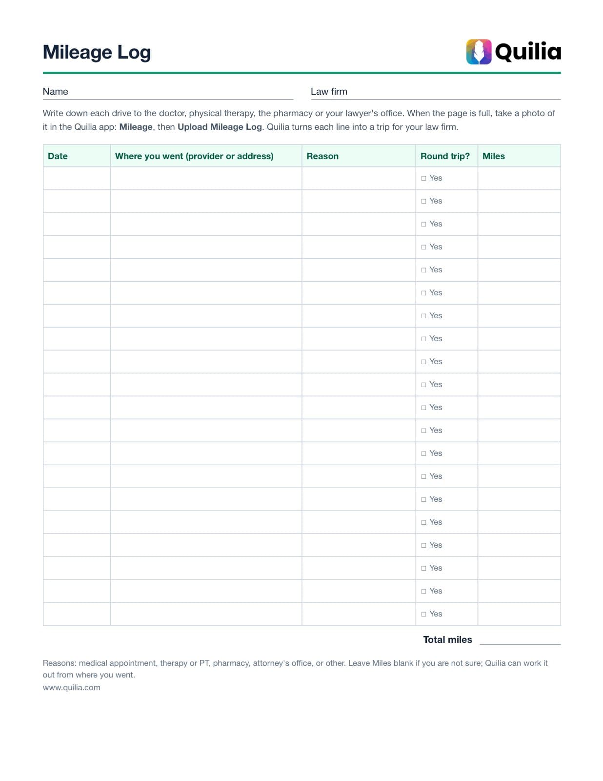 Printable personal injury mileage log with columns for date, where you went, reason, round trip and miles
