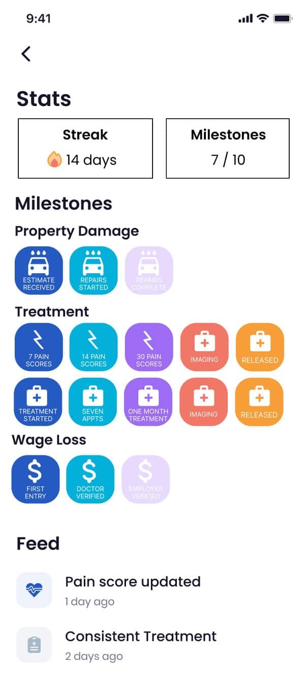 Quilia app home screen showing recent client updates and case activity