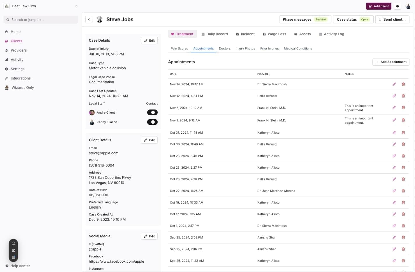 Quilia attorney dashboard showing structured provider and treatment timeline