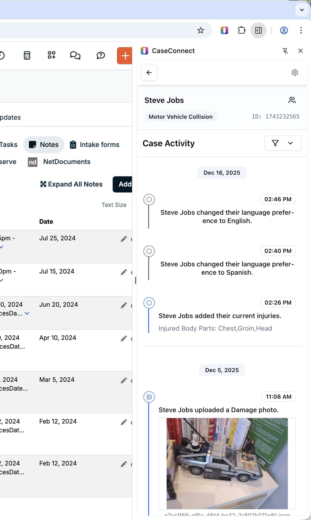 CaseConnect browser extension showing case activity feed alongside MyCase