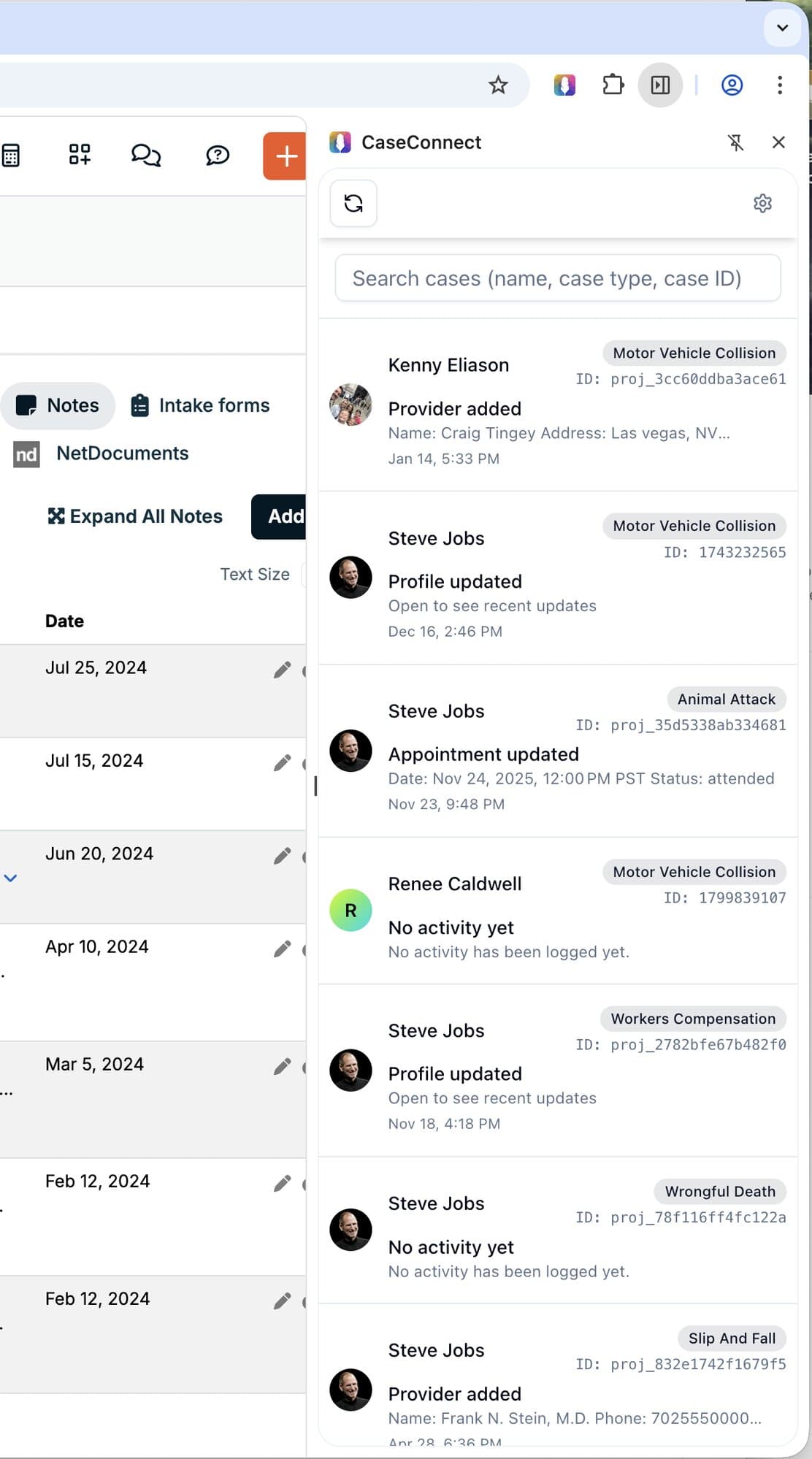 CaseConnect case list showing all your cases