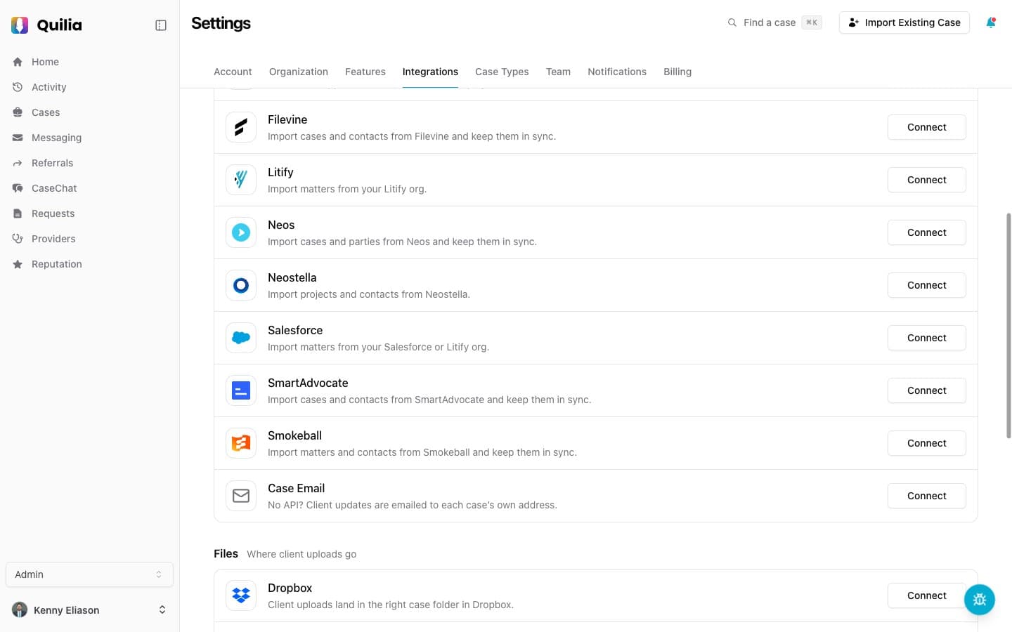 Salesforce row with the Connect button in Quilia Settings Integrations