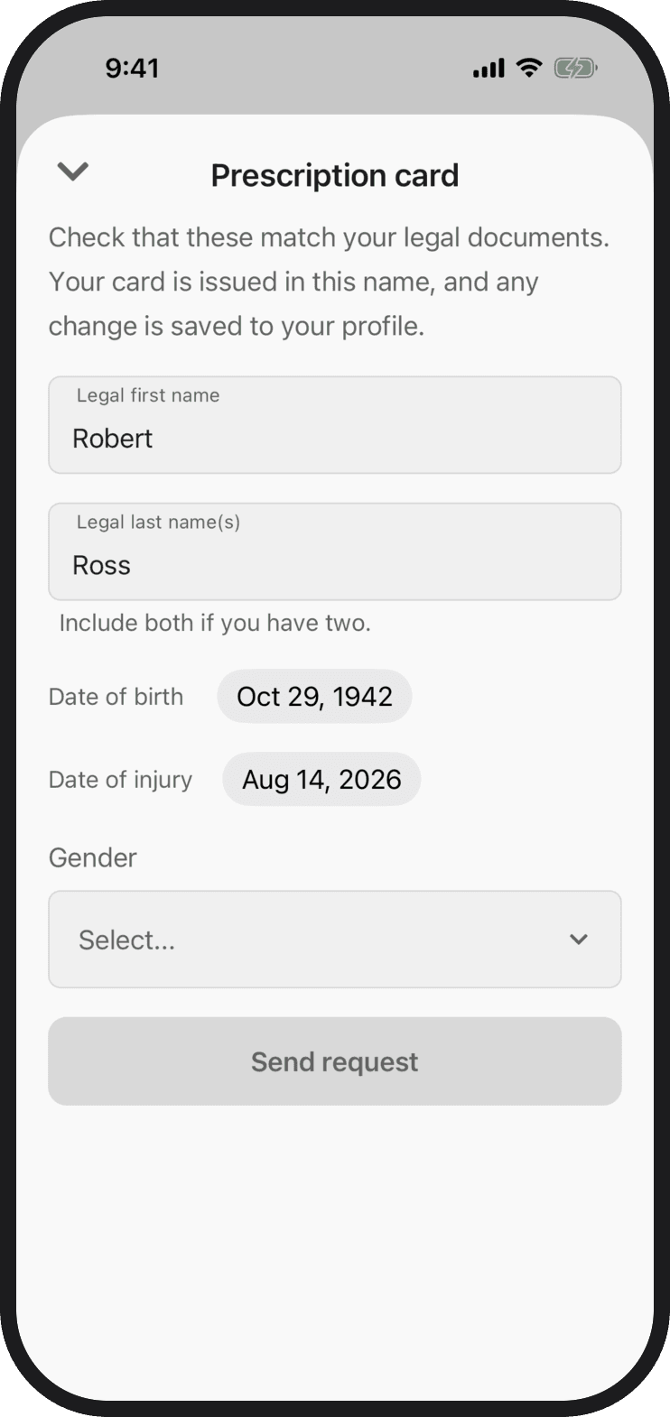 The prescription card request form in the Quilia app with legal name, date of birth, date of injury and gender