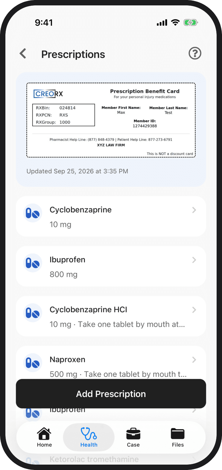 A CreoRx prescription card on the Prescriptions screen in the Quilia app, with filled prescriptions listed below