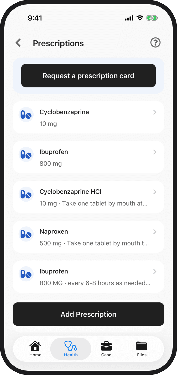 The Prescriptions screen in the Quilia app with the Request a prescription card button