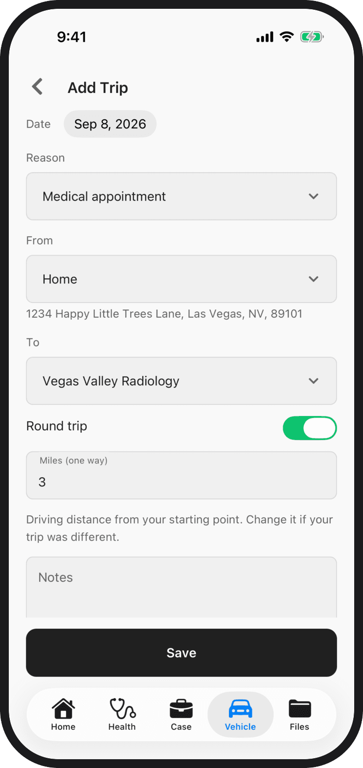 The Add Trip form in the Quilia app with Reason, From set to Home, To set to the provider, Round trip on and the miles filled in