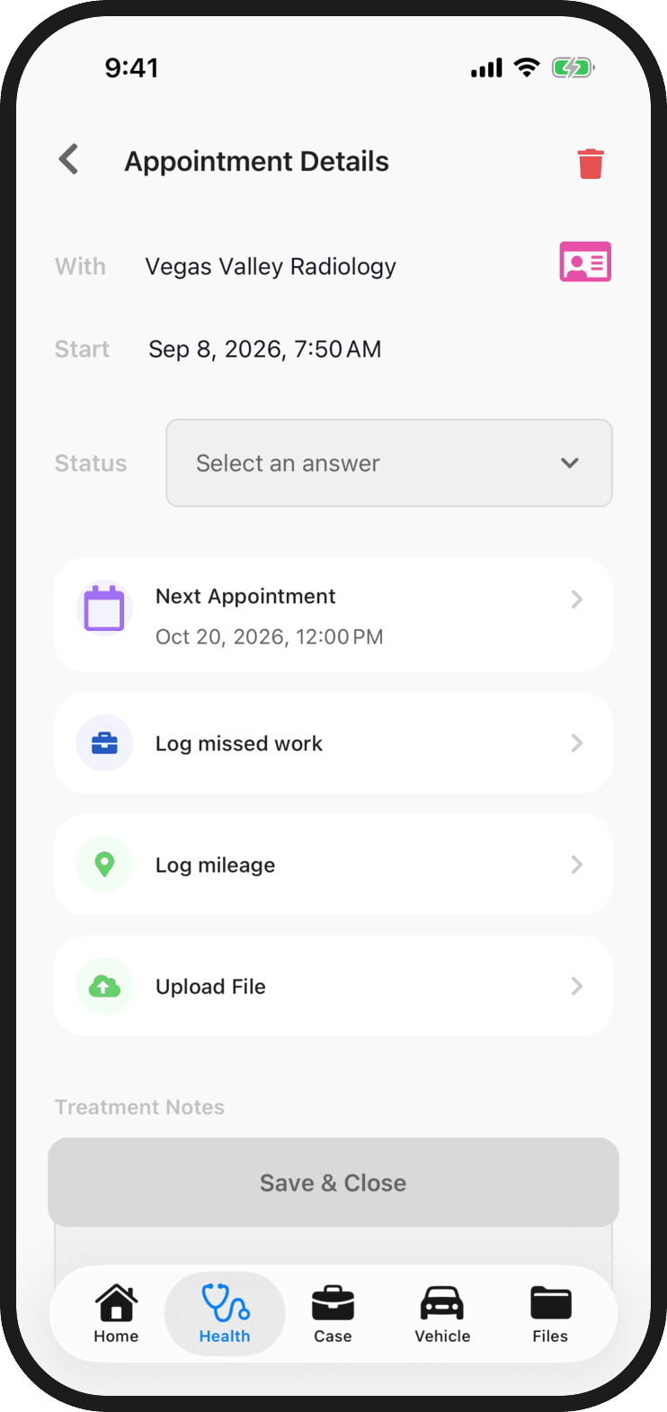 An appointment in the Quilia app with the Log mileage button