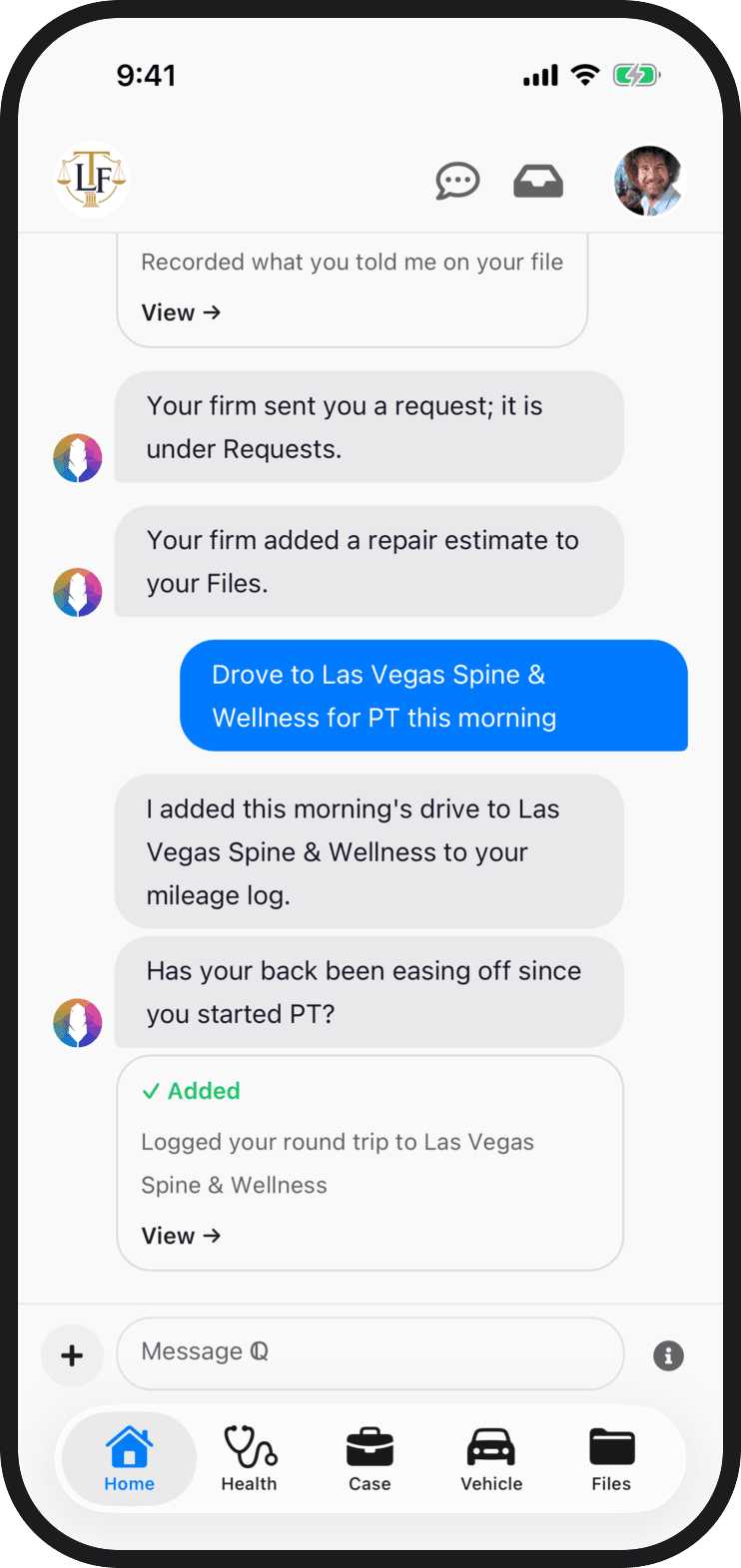 A message to Quilia saying the client drove to physical therapy, with Quilia confirming the trip was added to the mileage log