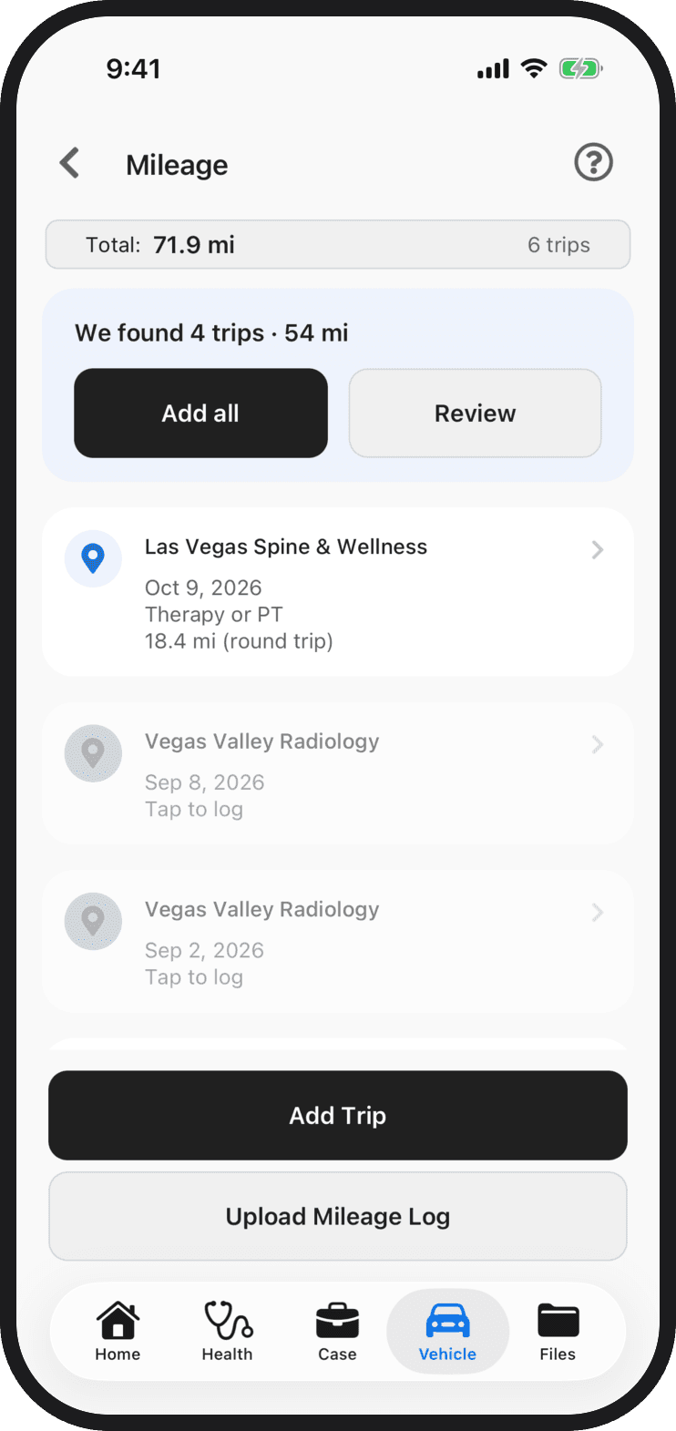 The Mileage screen in the Quilia app after uploading a paper log, showing We found 4 trips, 54 mi with Add all and Review