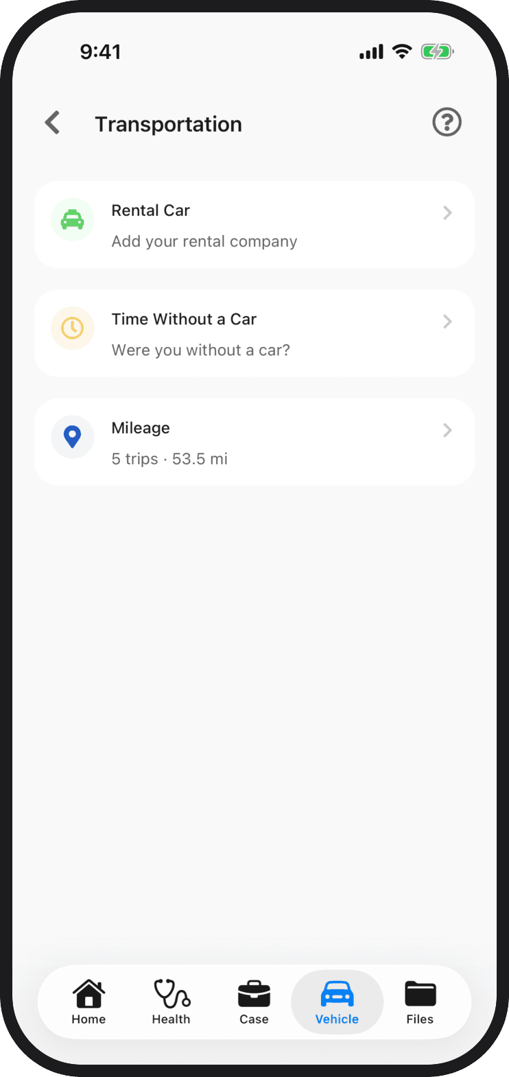 The Transportation screen in the Quilia app with Rental Car, Time Without a Car and Mileage