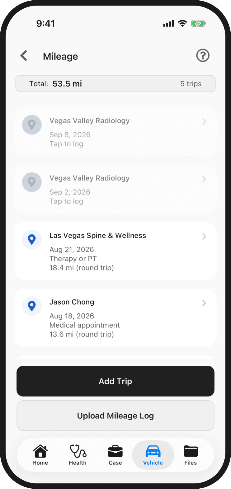 The Mileage screen in the Quilia app with a total of 53.5 miles, two past visits to log and the trips already logged