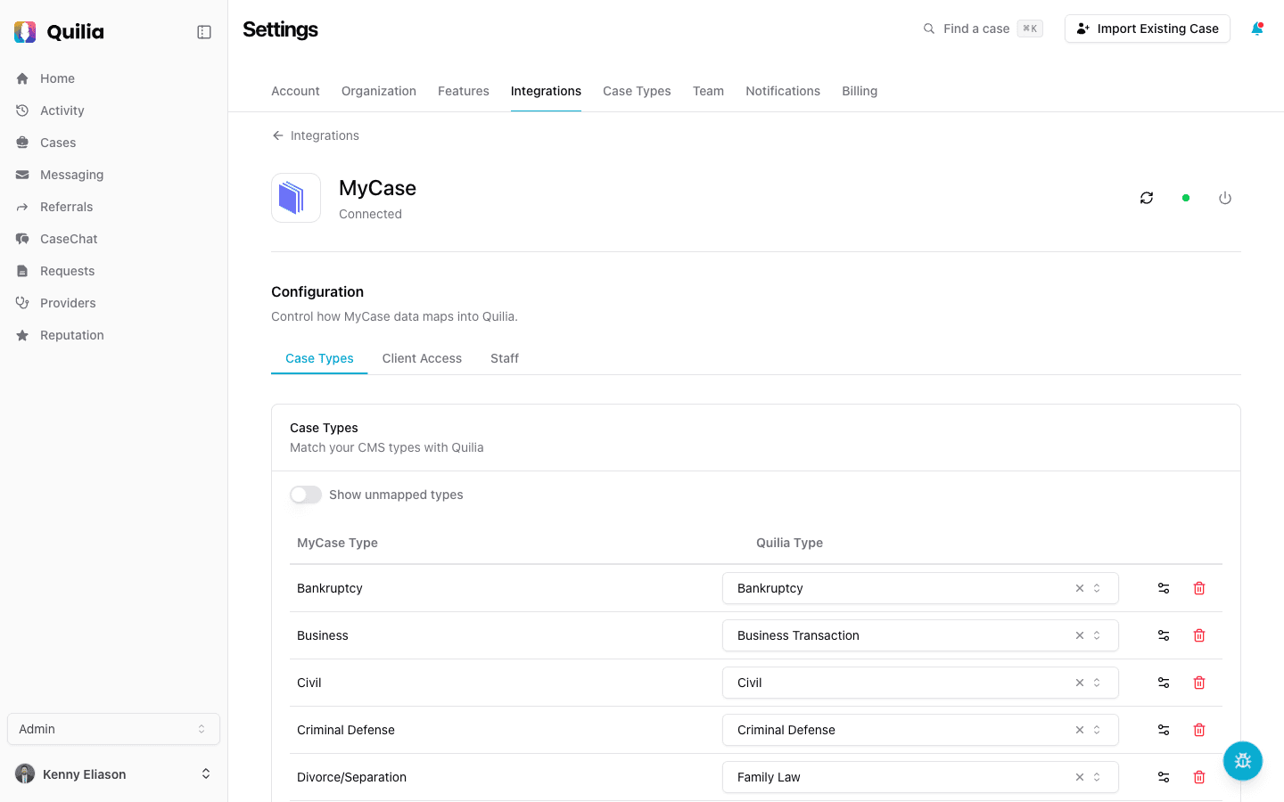 MyCase integration settings in Quilia with the Case Types tab selected