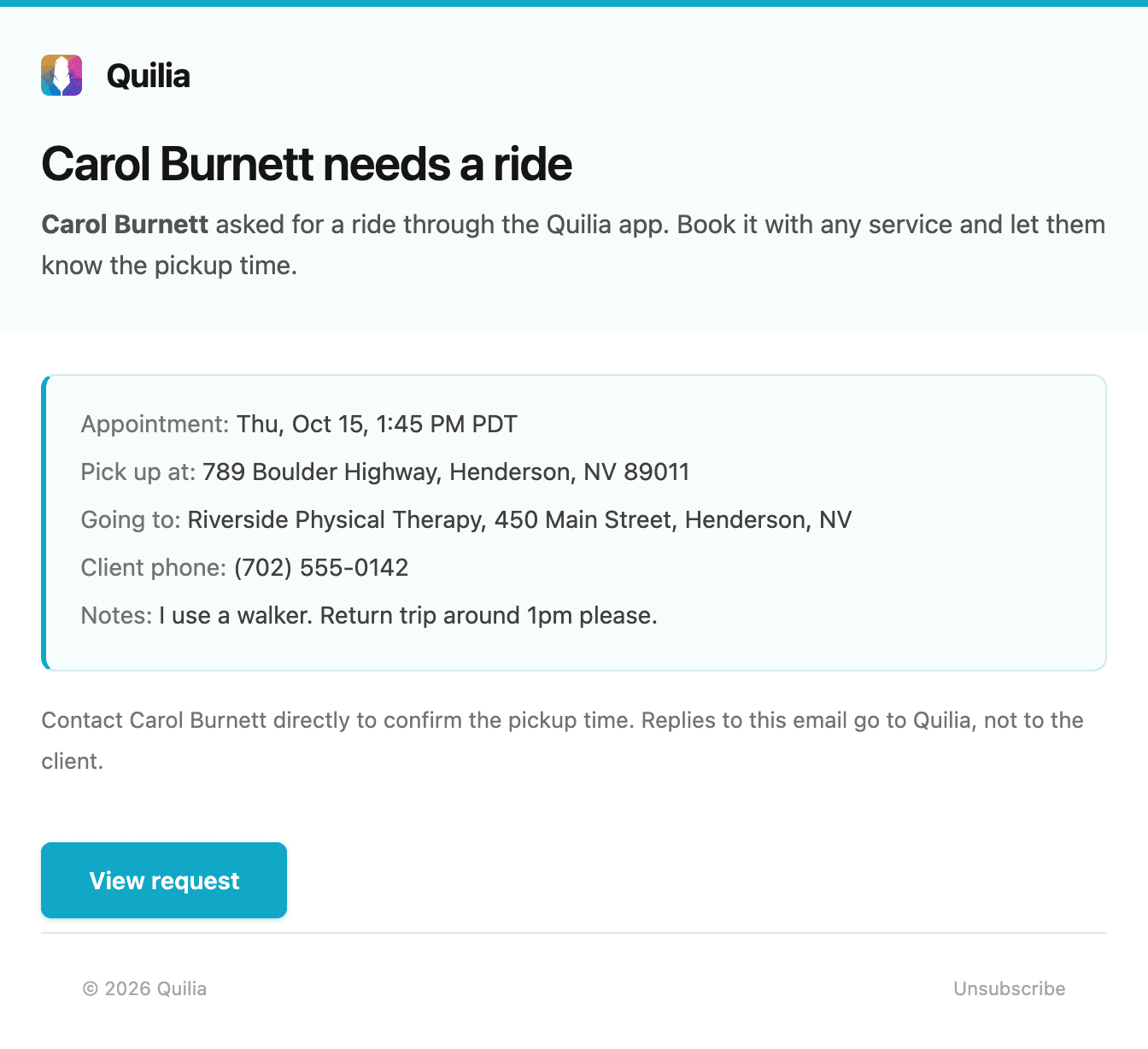 The email a case team receives when a client asks for a ride, with the appointment, pickup address, destination, client phone and notes