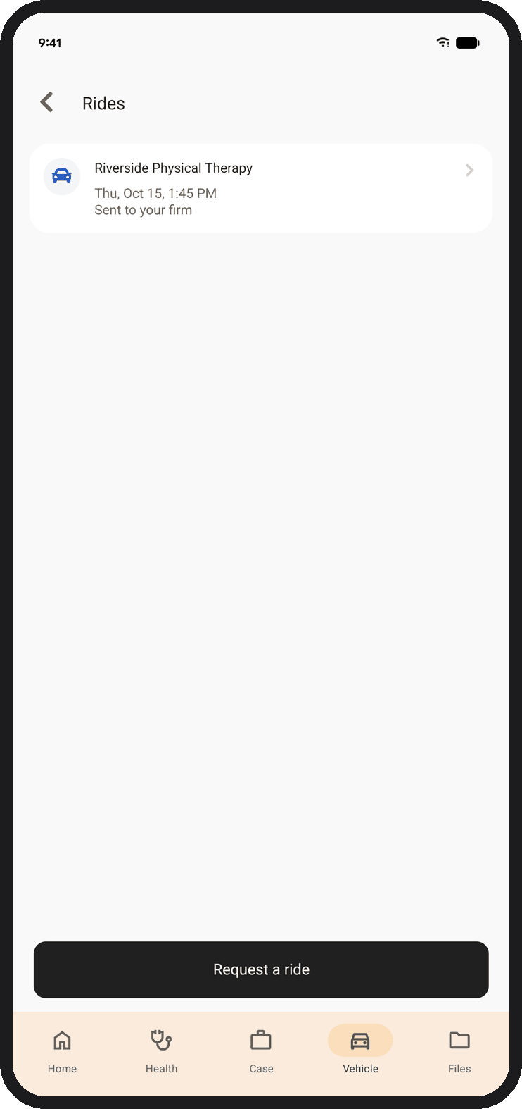 The Rides screen in the Quilia app with a ride request to Riverside Physical Therapy marked Sent to your firm
