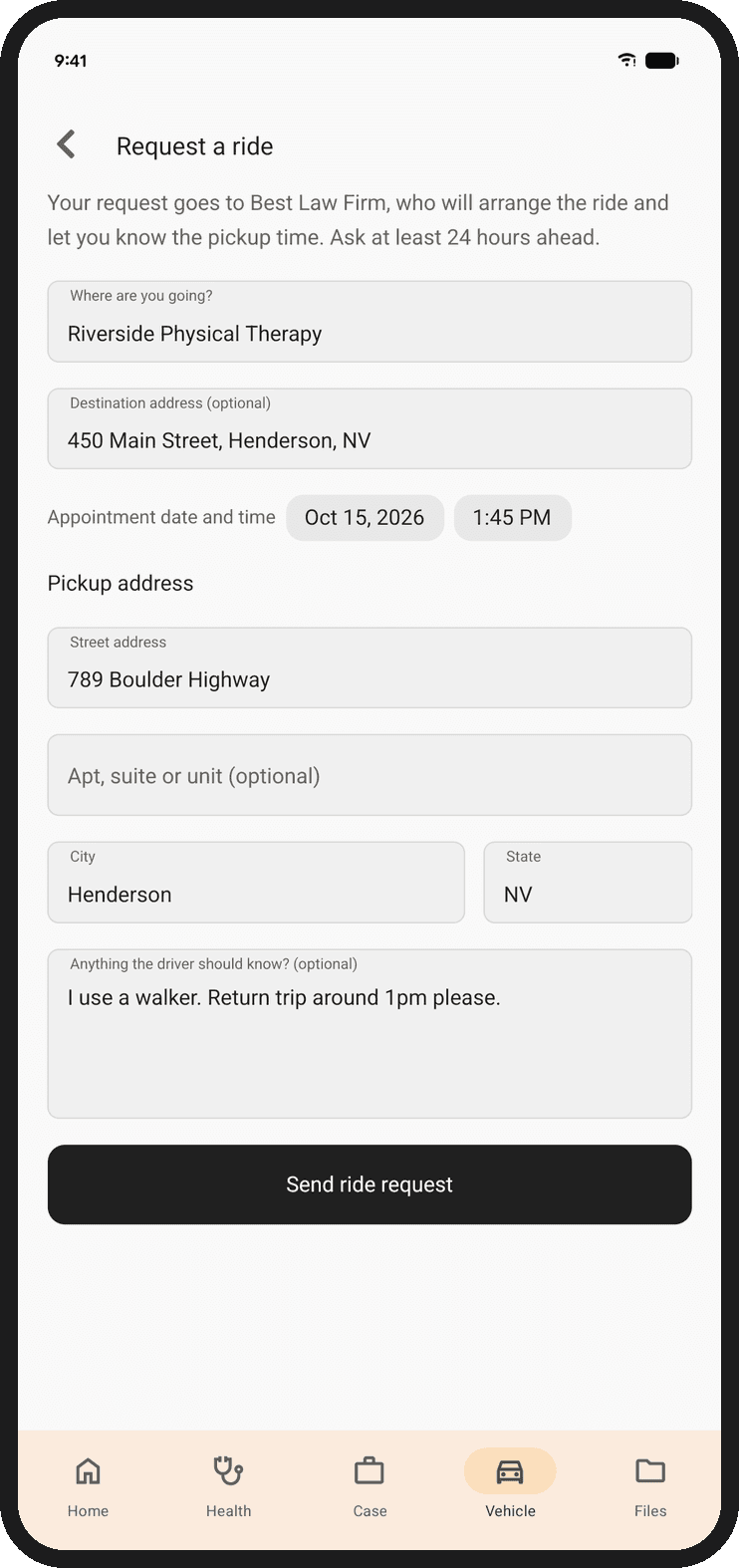 The Request a ride form in the Quilia app with Riverside Physical Therapy, an appointment time, a pickup address in Henderson and a note about a walker