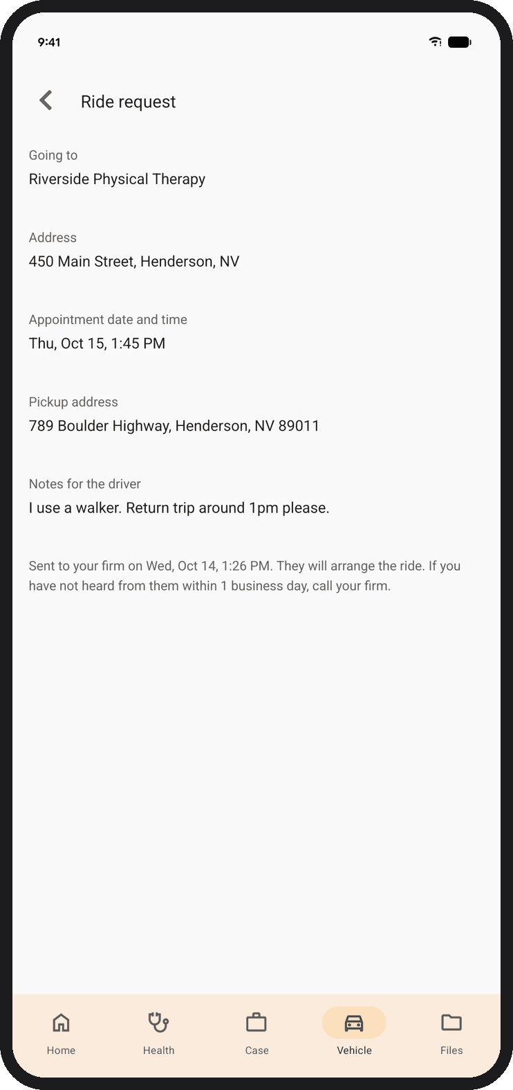 A sent ride request in the Quilia app showing the destination, address, appointment time, pickup address and notes for the driver