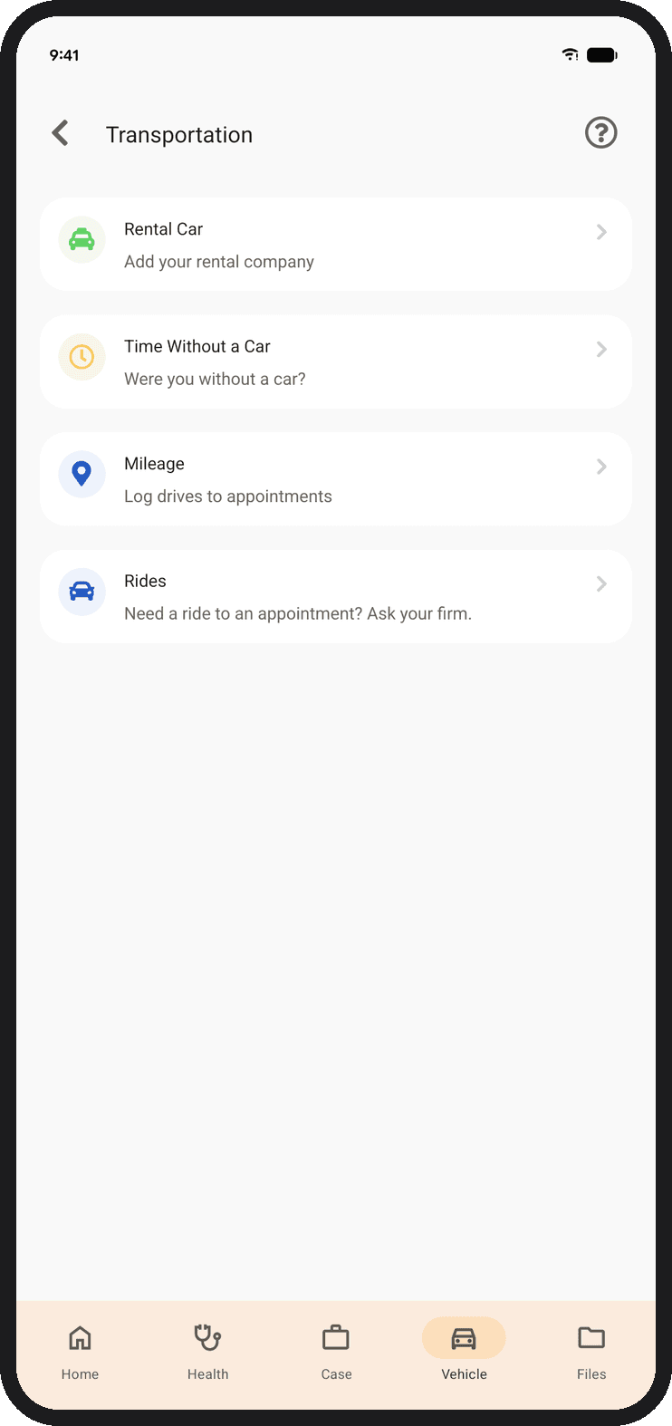 The Transportation screen in the Quilia app with Rental Car, Time Without a Car, Mileage and Rides