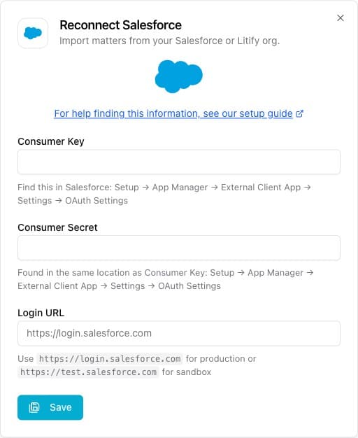 Salesforce connection dialog in Quilia with Consumer Key, Consumer Secret, and Login URL fields