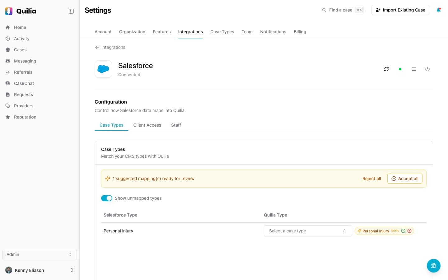 Connected Salesforce integration settings page in Quilia