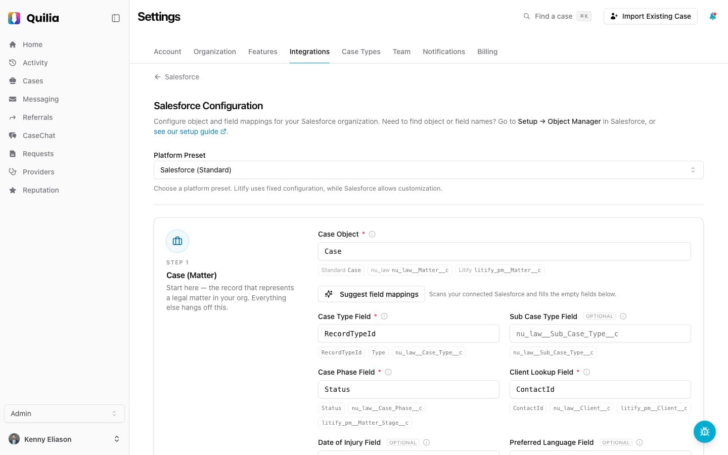 Salesforce and Litify object mapping page in Quilia