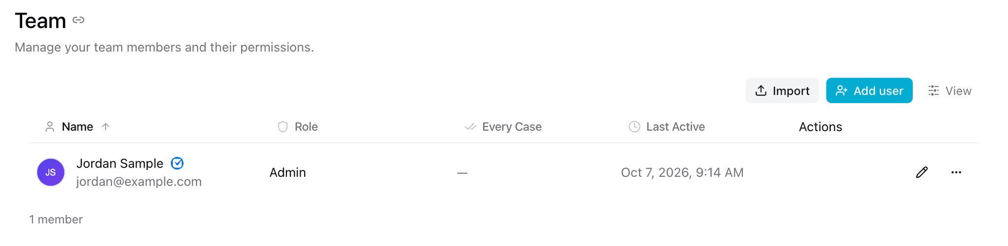 The Team page in Settings with Import, Add user and View buttons above a list of team members