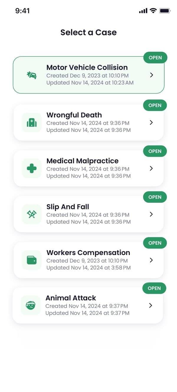 Motor vehicle collision case management in the Quilia app