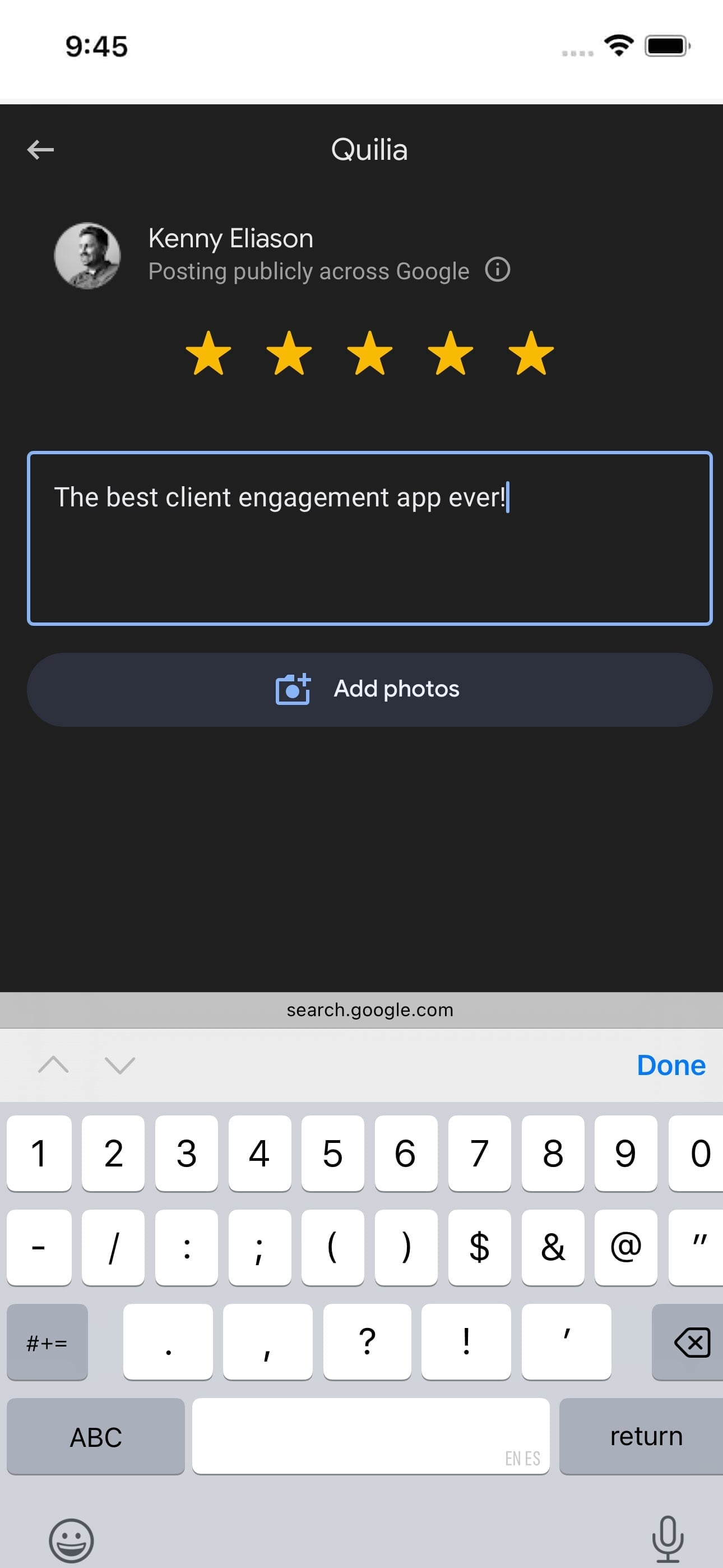 Client leaving a Google review