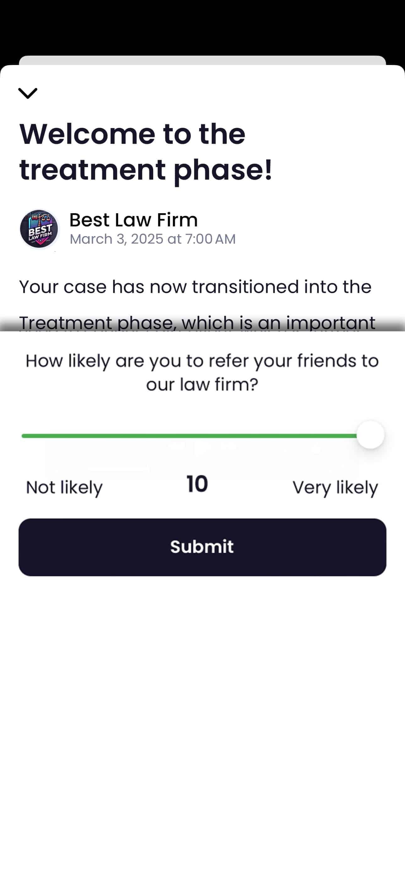 App showing NPS scores dashboard for a law firm