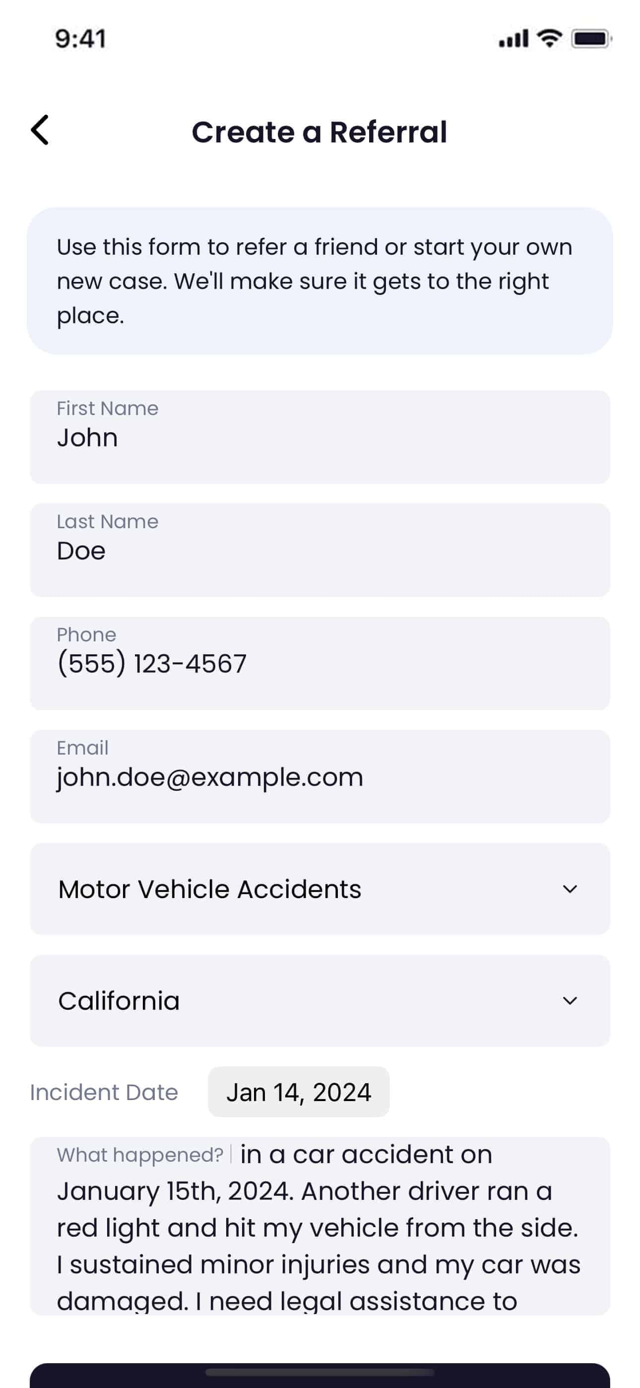 Quilia's case referral form on a mobile device