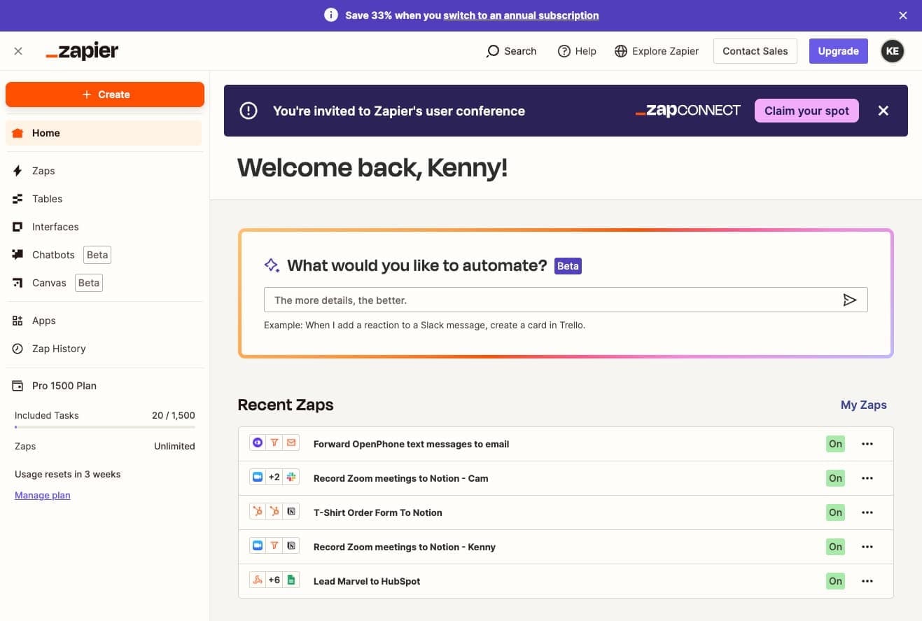 Zapier integration in the Quilia app