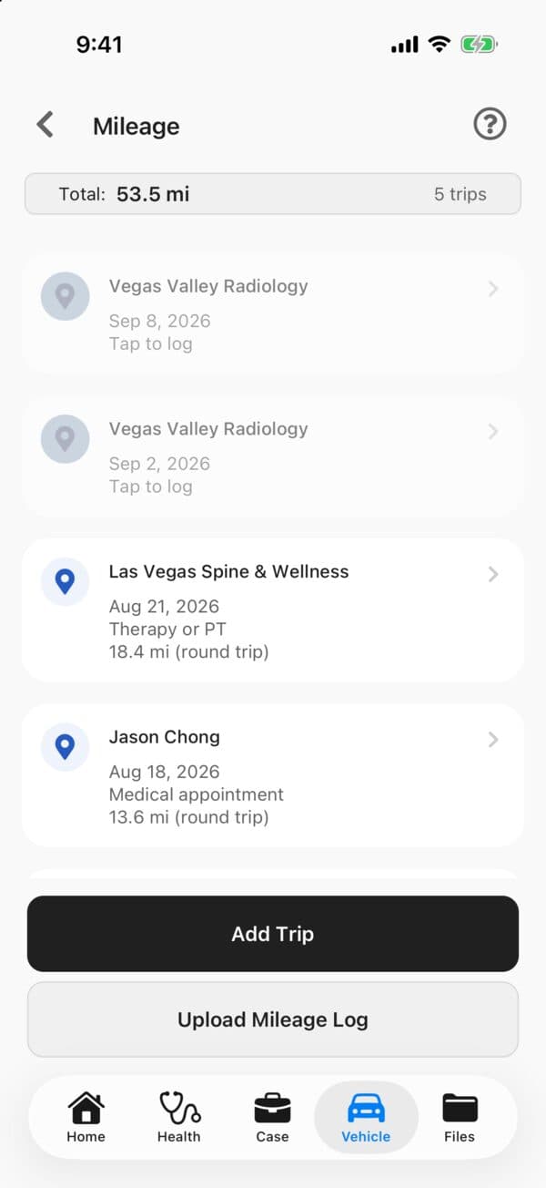 A client mileage log in the Quilia app with total miles and past visits ready to log