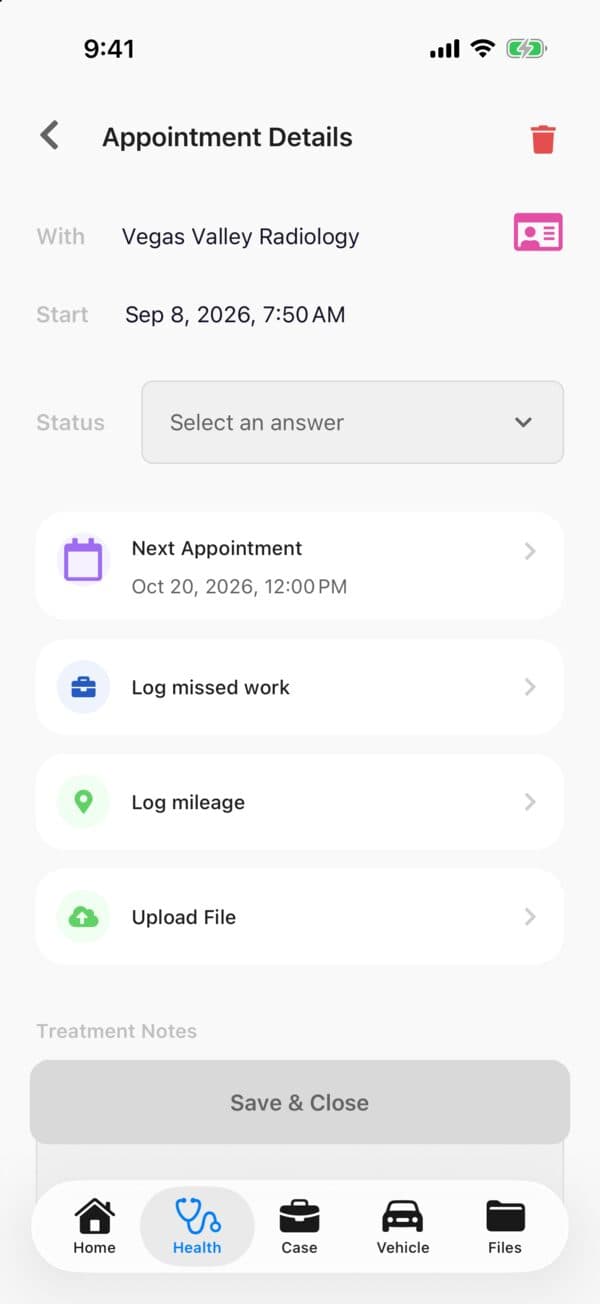 An appointment in the Quilia app with a Log mileage button