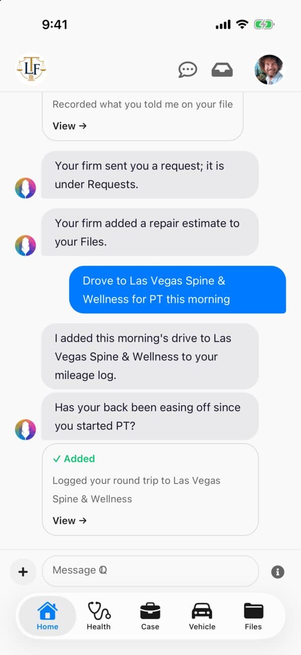 A client texting Quilia about a drive to physical therapy and Quilia logging the trip