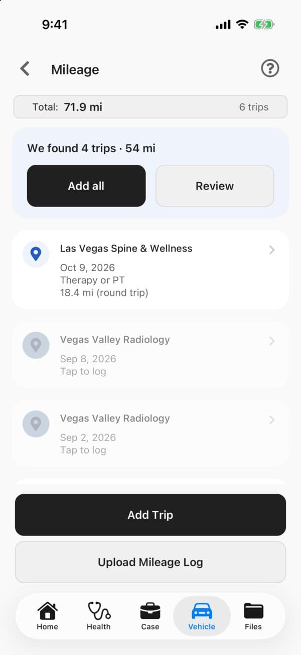 The Quilia app after a paper mileage log upload, showing We found 4 trips, 54 mi