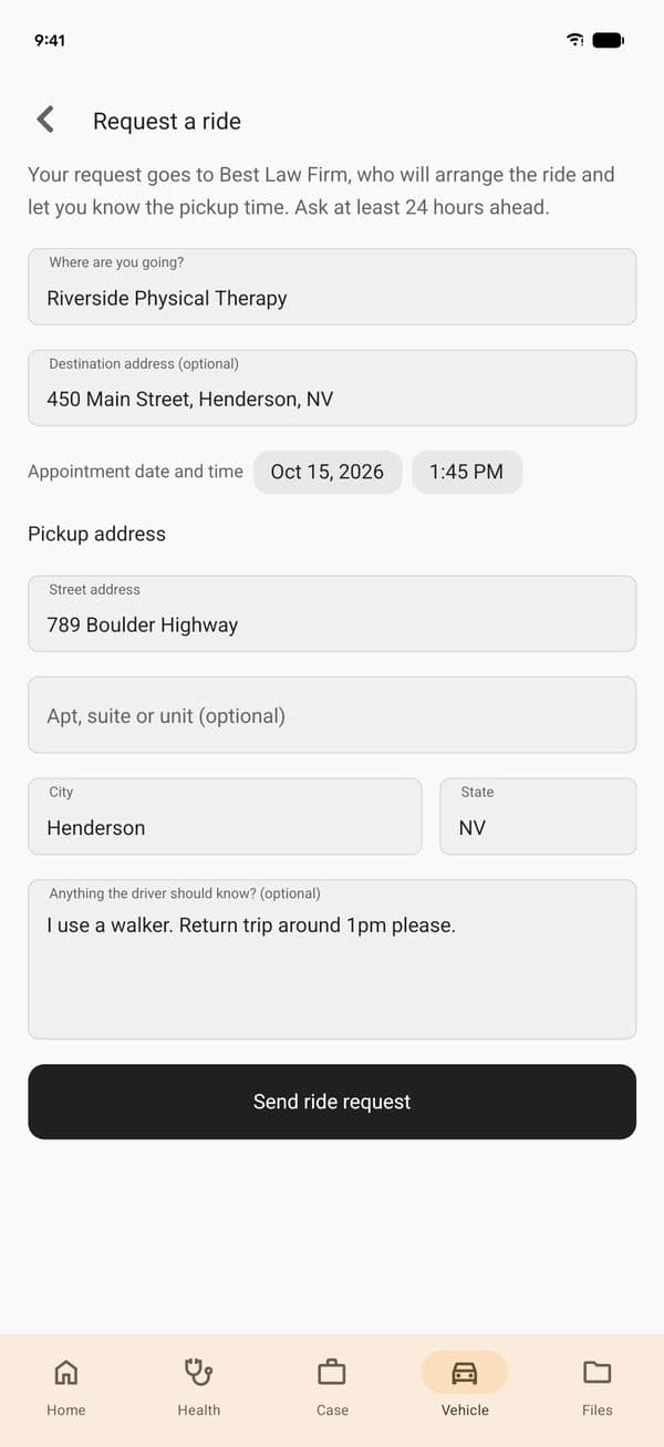 The Request a ride form in the Quilia app with the destination, appointment time, pickup address and a note for the driver