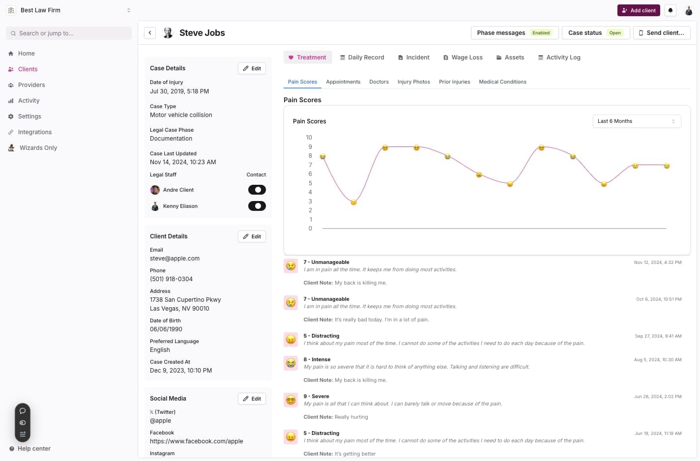 Pain scores in the Quilia app