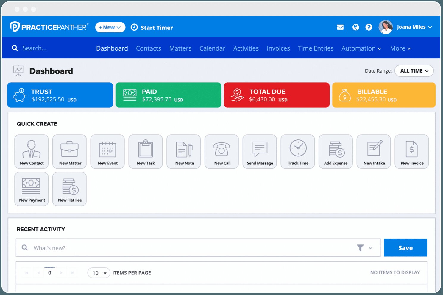 PracticePanther integration in the Quilia app