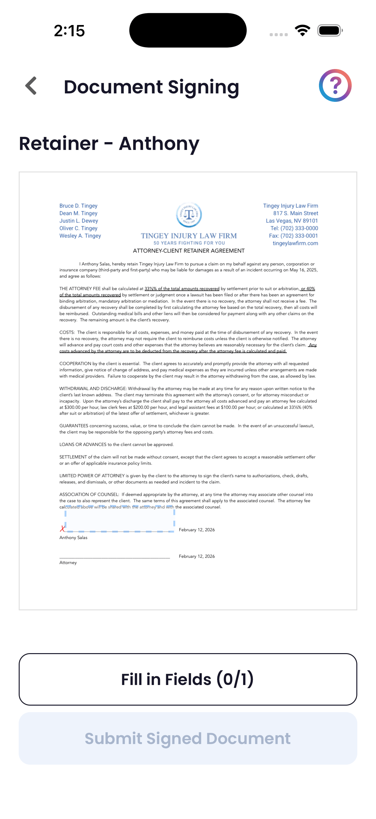 Client viewing a retainer document for signing in Quilia