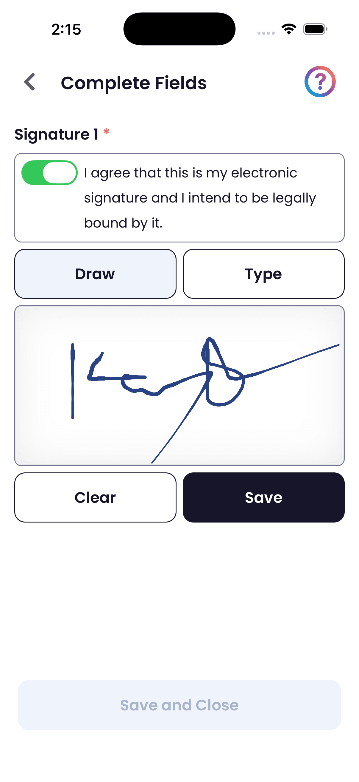 Client drawing their signature in the Quilia app