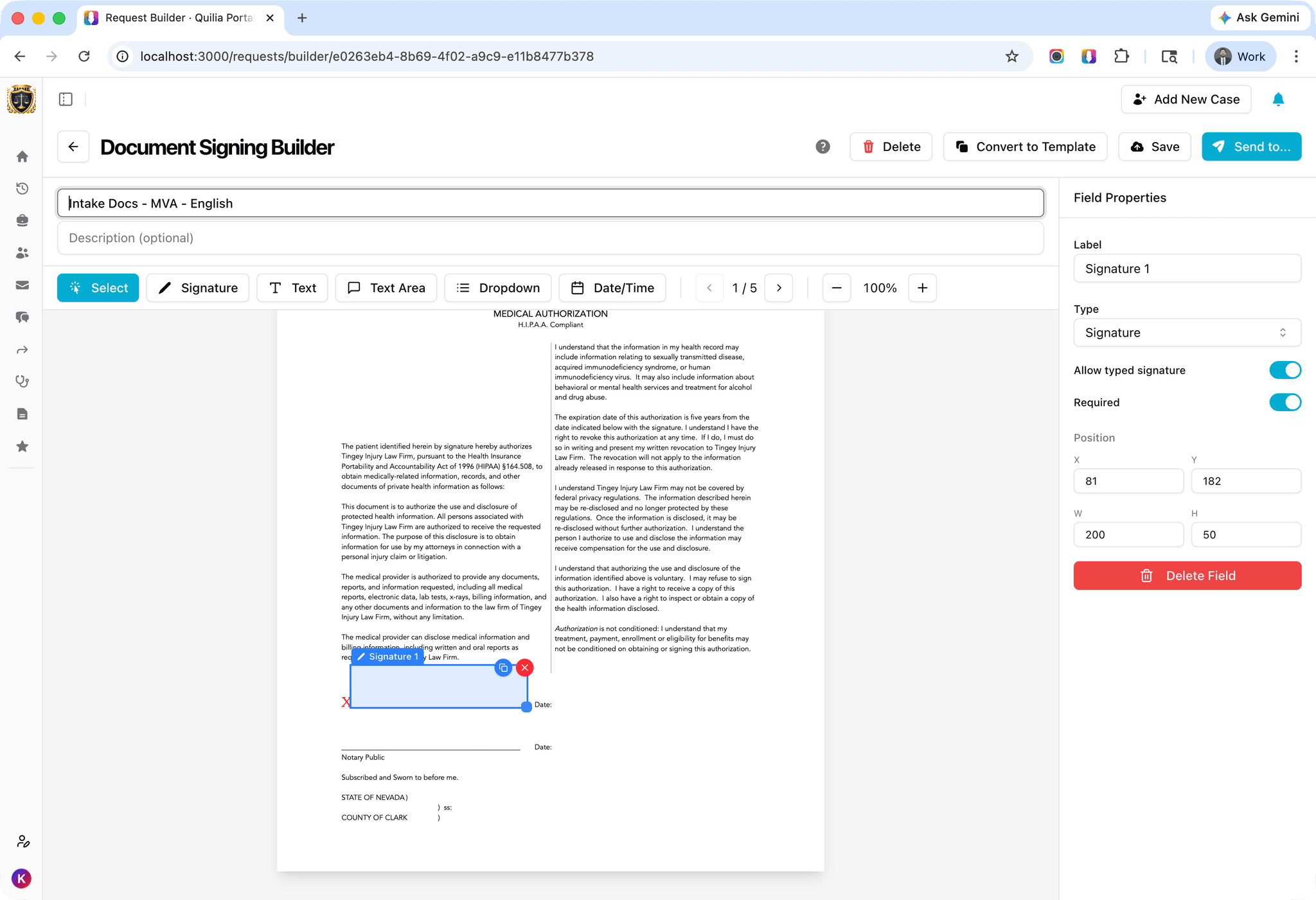 Quilia document signing builder with drag-and-drop fields on a PDF